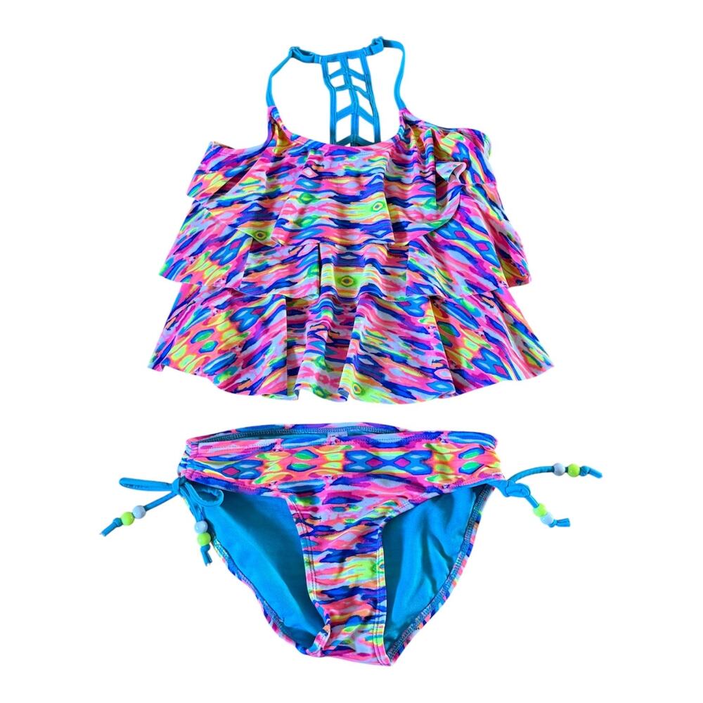 Girls 10 Justice Bright Neon Rainbow Ruffle Tankini Bikini 2 Piece Adjustable